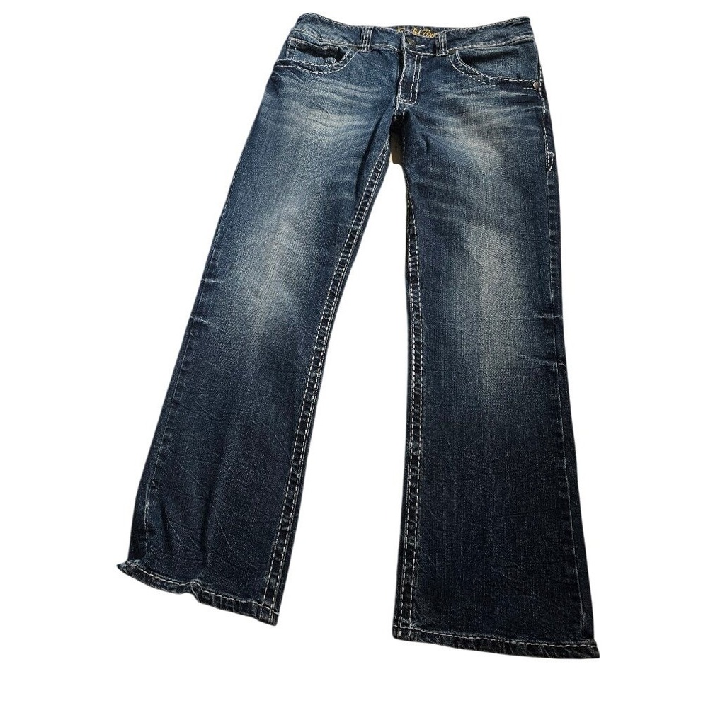 Wrangler Rock 47 Women Dark Wash Bootcut Jeans Contrast Stitch Whisker 33x32.636